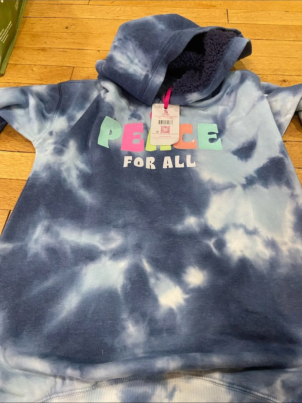 Justice Blue Tie-Dye Hooded Sweatshirt with Multicolor PEACE Graphic